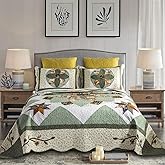 YAYIDAY Quilts Queen Size Patchwork Bedspread Set - 100% Cotton Reversible Breathable Green Earth Geometric Quilted Quilt with Pillow Shams for All Seasons