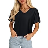 YUCOLEN Cropped T Shirts for Women Short Sleeve V Neck Cotton Basic Tees Soft Loose Fit UPF 50+ Crop Tops for Summer