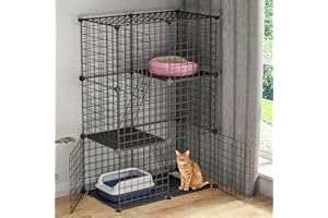 TeqHome Large 3-Tier Cat Cage, Indoor Cat Enclosures Pliable DIY Cat Playpen, Detachable Metal Wire Kennels Cat Crate Box House with 3 Doors 2 Ramp Ladders for 1-2 Cats, 28.3"L x 14.1"W x 42.2"H,Black