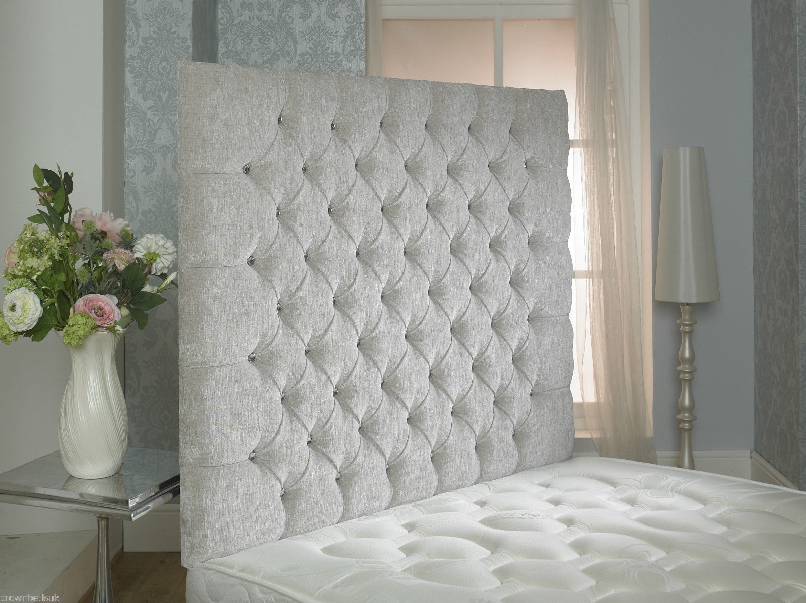 CROWNBEDSUK CHESTERFIELD WALL HEADBOARD CHENILLE IN 2ft6,3ft,4ft,4ft6,5ft,6ft 36'' OR 44 '' HEIGHT MATCHING BUTTONS (3FT SINGLE 36'', Stone)