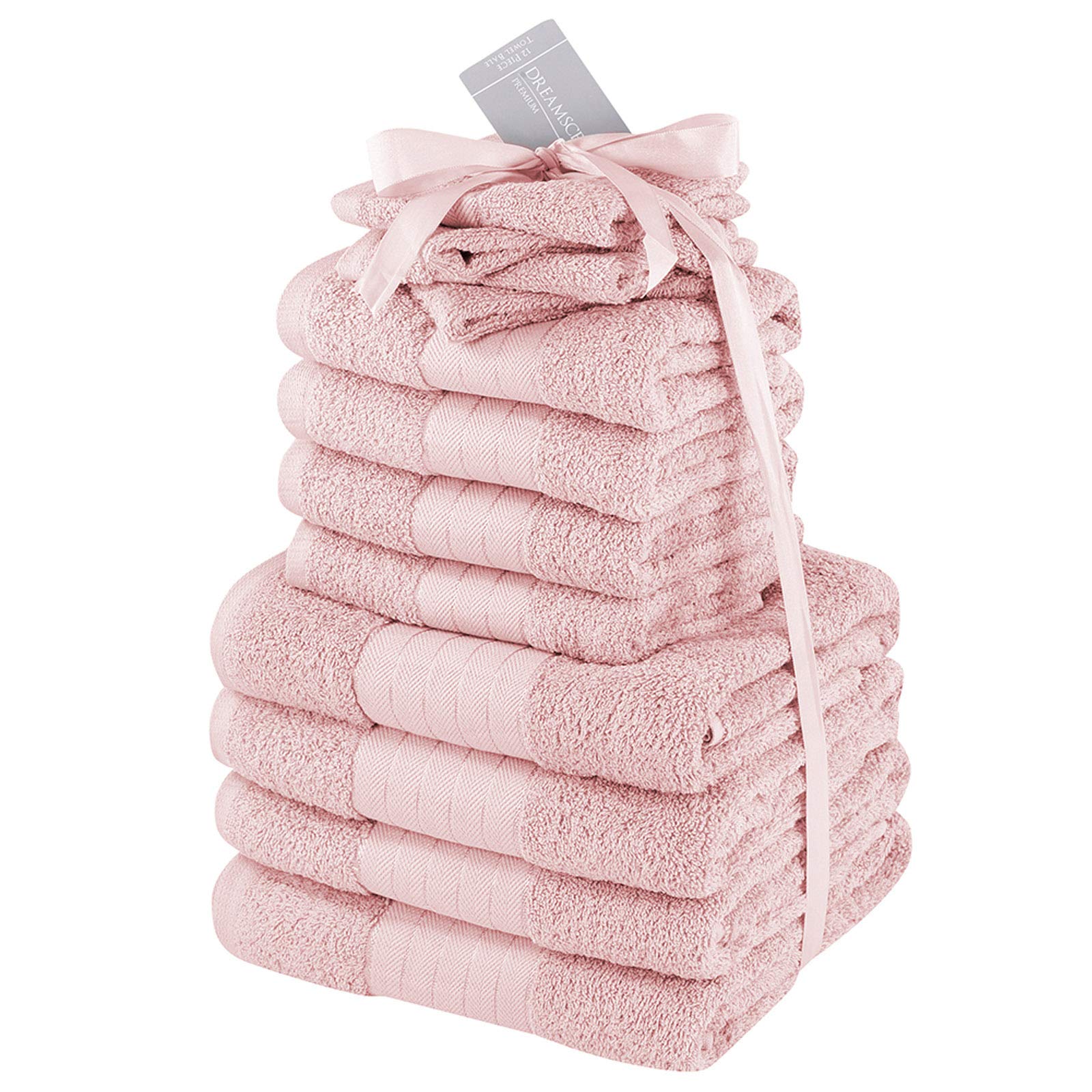 Dreamscene Luxury Towels Bale Set 100% Combed Cotton Large Soft Bath Hand Face 12 Piece - Blush Pink Heather