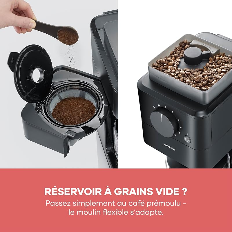 - Machine à café filtre avec broyeur intégré pour café en grains ou moulu + réglage de la mouture, Cafetière filtre avec carafe verre 10 tasses, cuillère, filtre permanent, noir, KA 9215