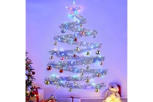 CHUNNIN Wall Christmas Tree Decoration with Lights Artificial DIY Wall Mounted Hanging Christmas Tree Silver Tinsel Garland Balls Ornaments Star Topper Xmas Decor Set for Home Indoor Holiday Supplies