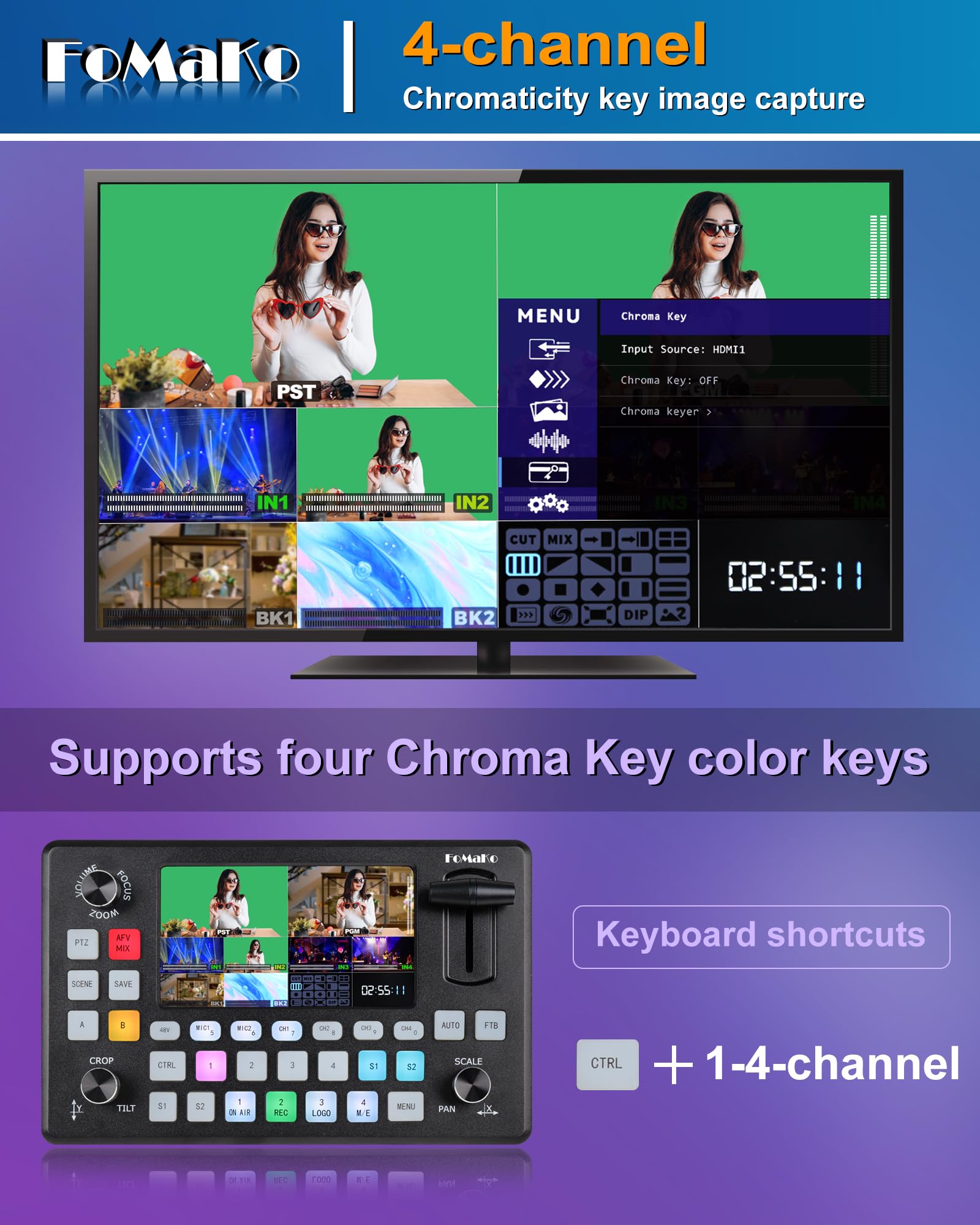 FoMaKo 5.5 Inch FHD LCD Screen 4-Channel HDMI Live Streaming Switcher 1080p 60FPS USB Video Recording USB3.0 HDMI Video Switcher (Does not Support 4K) KC601 Pro