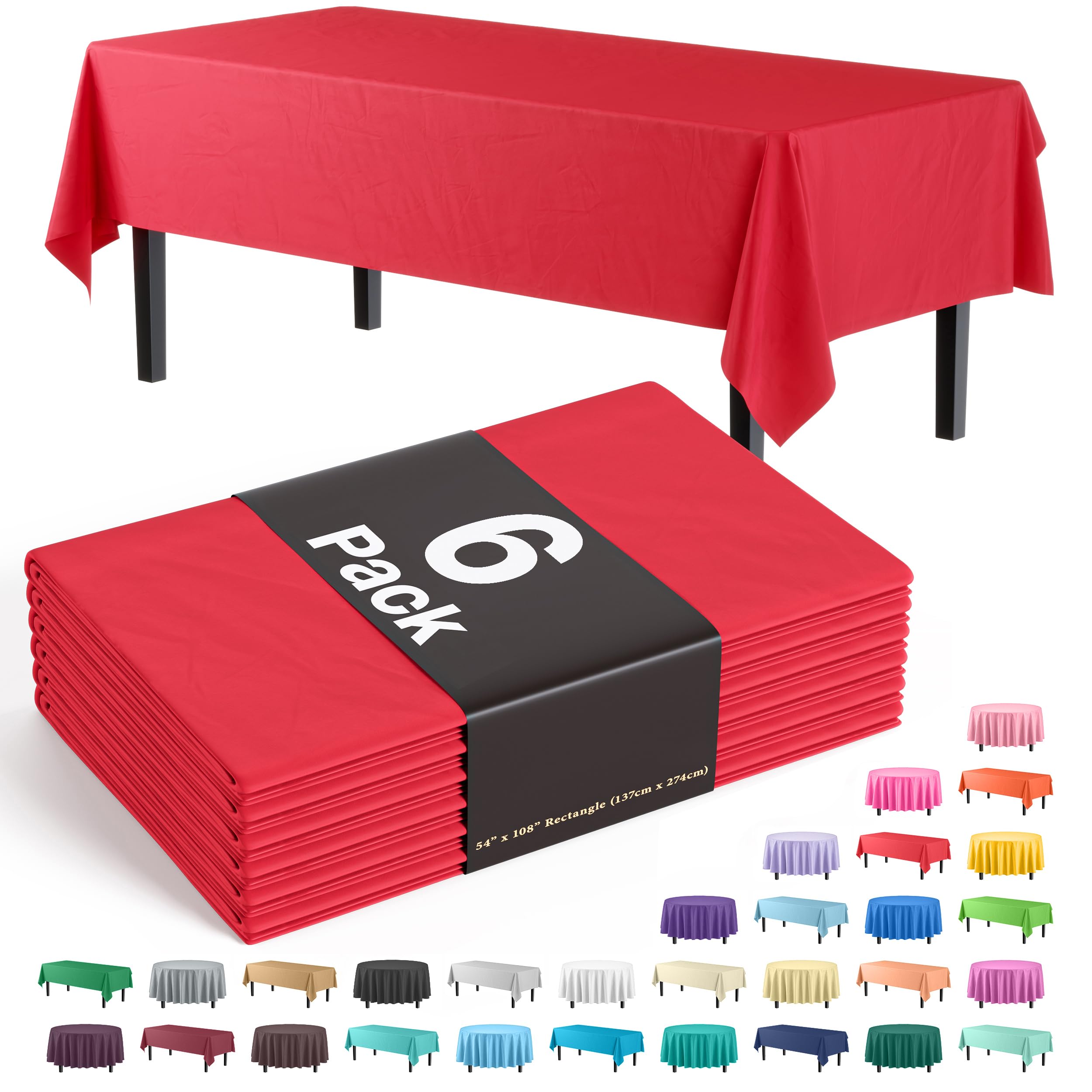 Photo 1 of ** MISSING ONE** Party Solids Pack Of 6 Premium Plastic Tablecloth 54 Inch x 108 Inch Rectangle Plastic Table Cover - Red