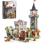 FUNWHOLE Medieval Watchtower Lighting Building-Bricks Set - Guardiance Castle with Soldier Farmer Minifigures Collectible Dis