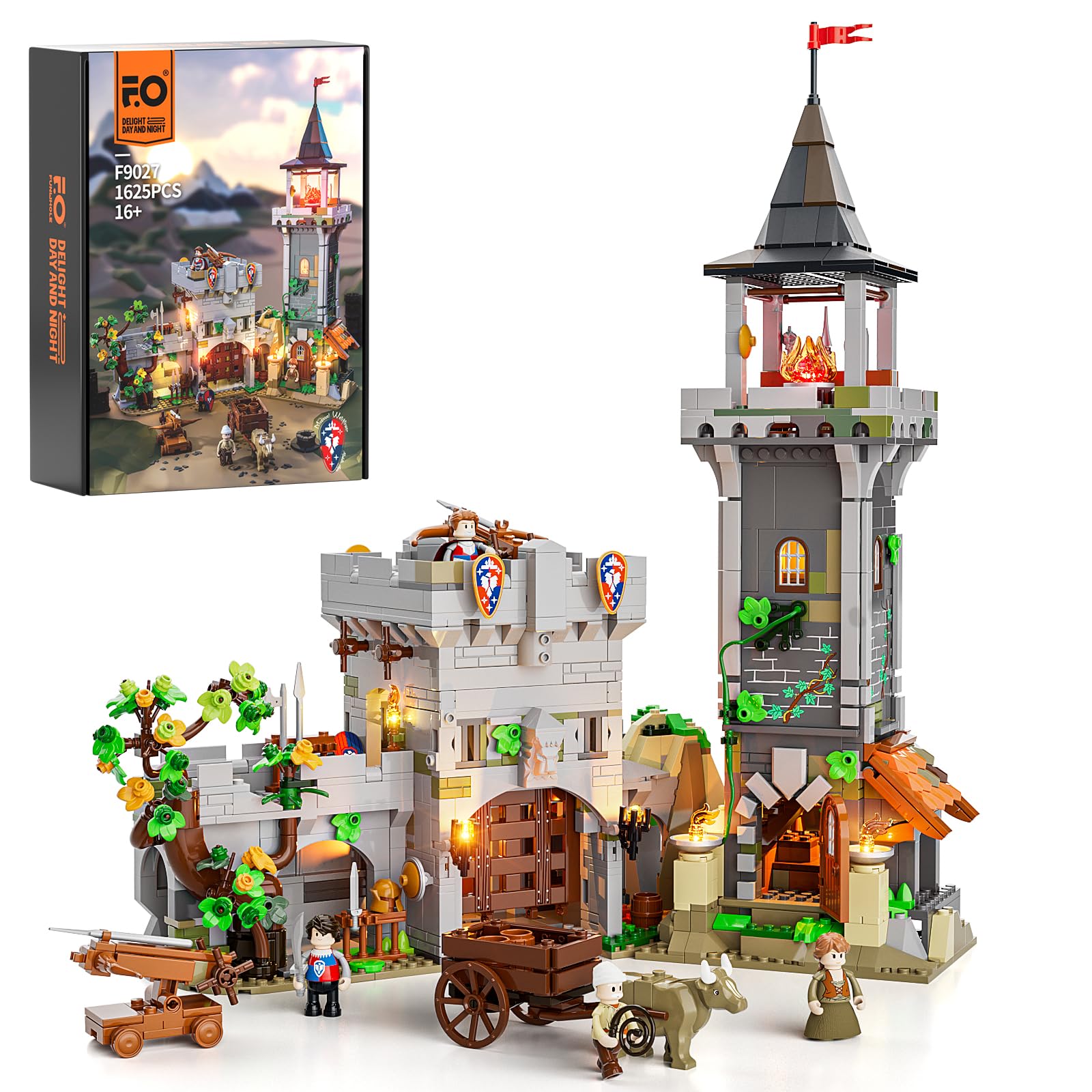 Photo 1 of FUNWHOLE Medieval Watchtower Lighting Building-Bricks Set - Guardiance Castle with Soldier Farmer Minifigures Collectible Display Set 1625 Pcs for Adults and Teen