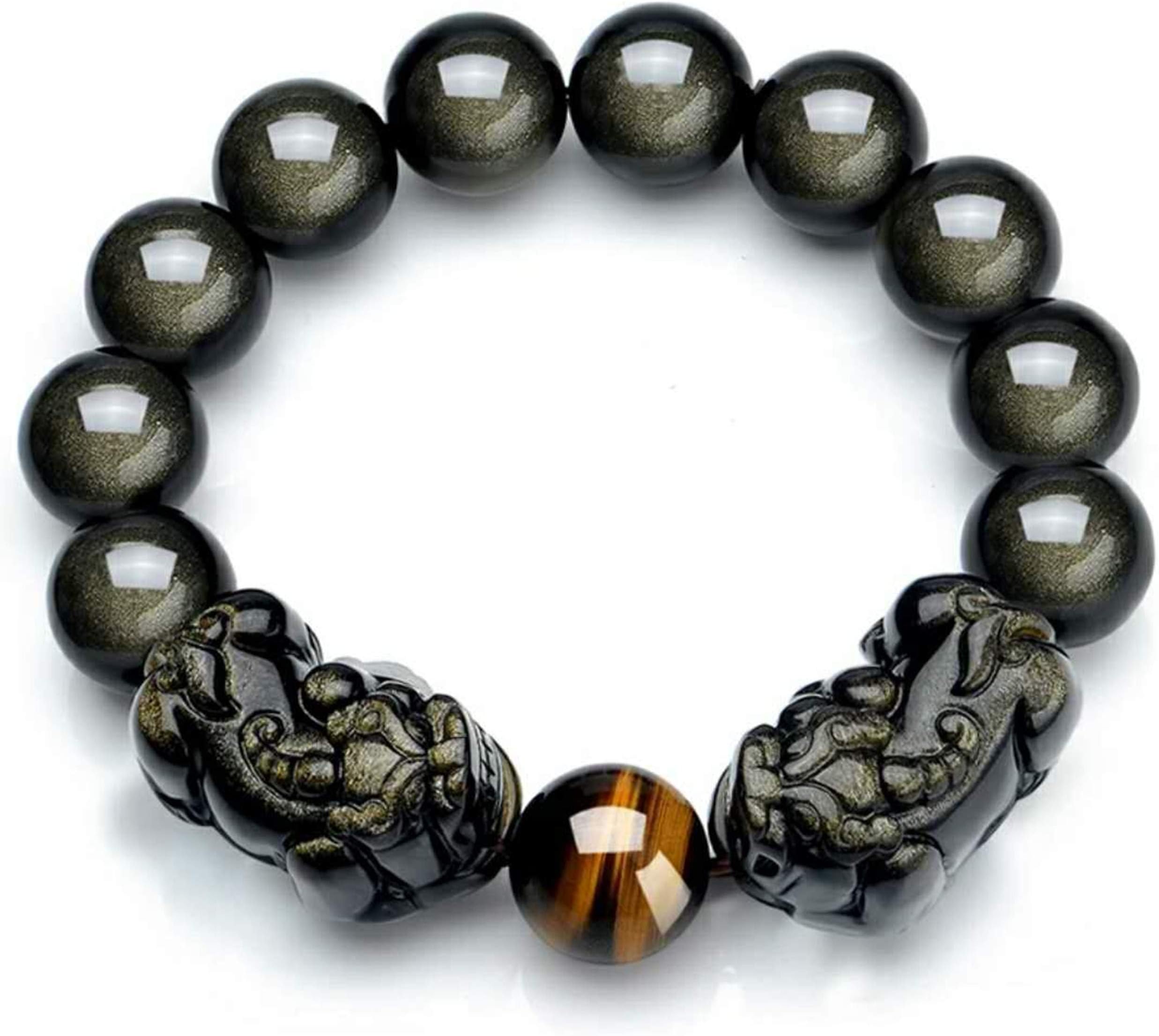 ReikocrystalbeadsJewelry Bracelet Natural Gold Obsidian Crystal Gem Stretch Bead Pixiu 14mm
