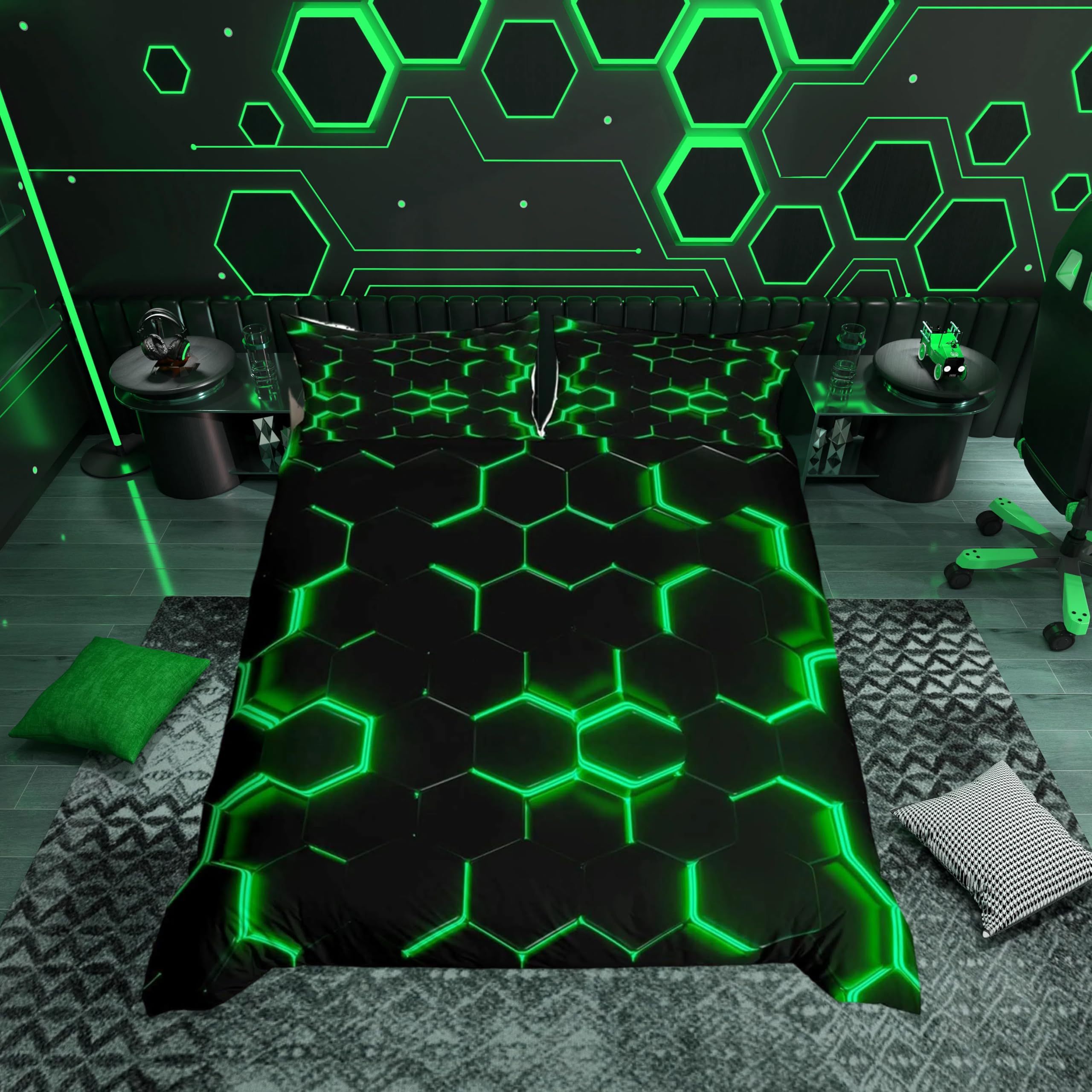 Loussiesd Honeycomb Bedding Duvet Cover Hexagon Theme with Green Neon Lights Comforter Cover,Boys Teen Man Chic Home Bedding Quilt Cover 3Pcs with 2 Pillowcases Black King — image 1