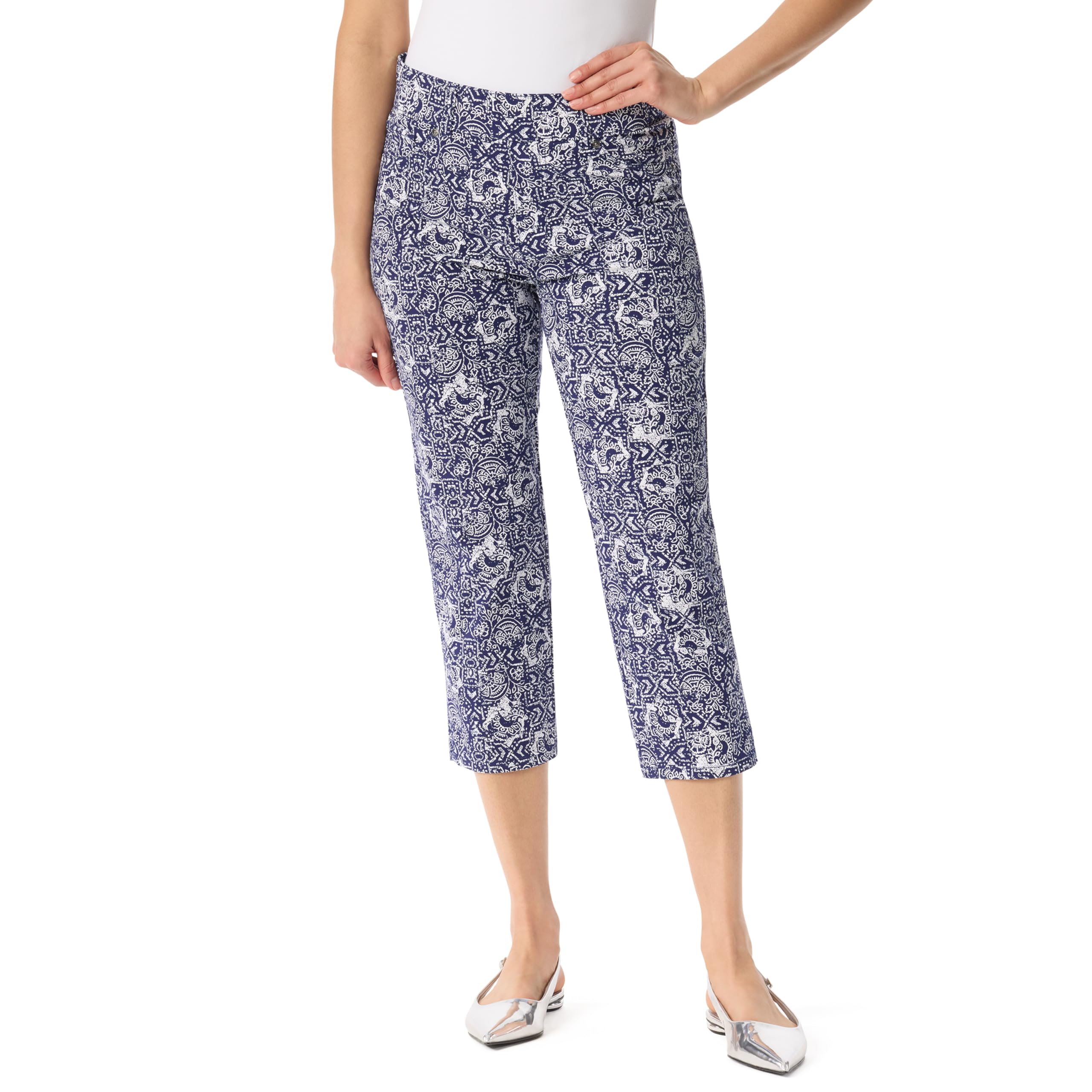 Gloria Vanderbilt Women’s Shape Effect Pull On High Rise Straight Leg Capri Standard, Naval Blue-Polynesian Nights