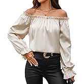 SITELUOYG Womens Off Shoulder Satin Silk Ruffle Blouses Long Sleeve Shirt Casual Loose Tops