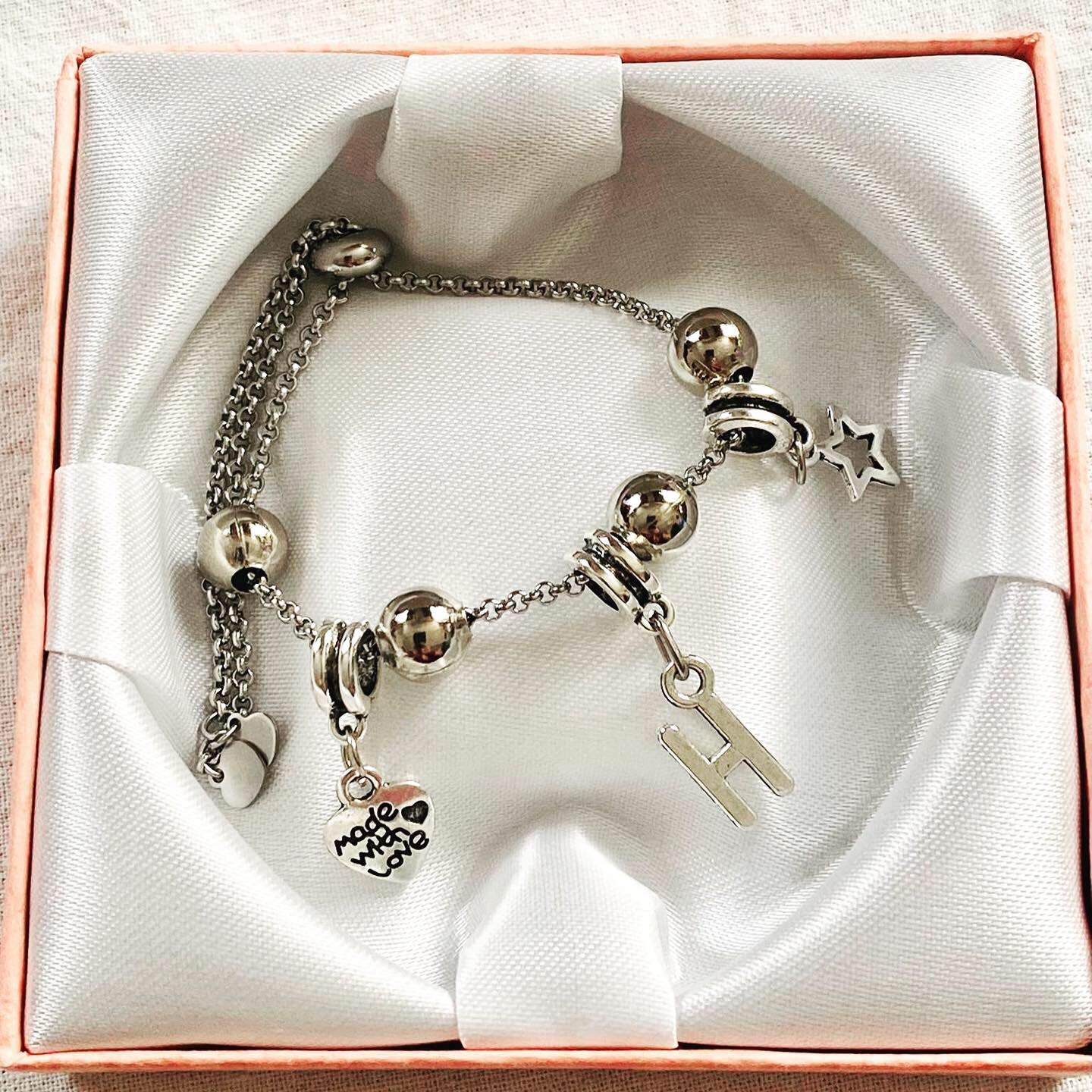 Personalised Initial Slider Bracelet with Charms and Silver Plated
