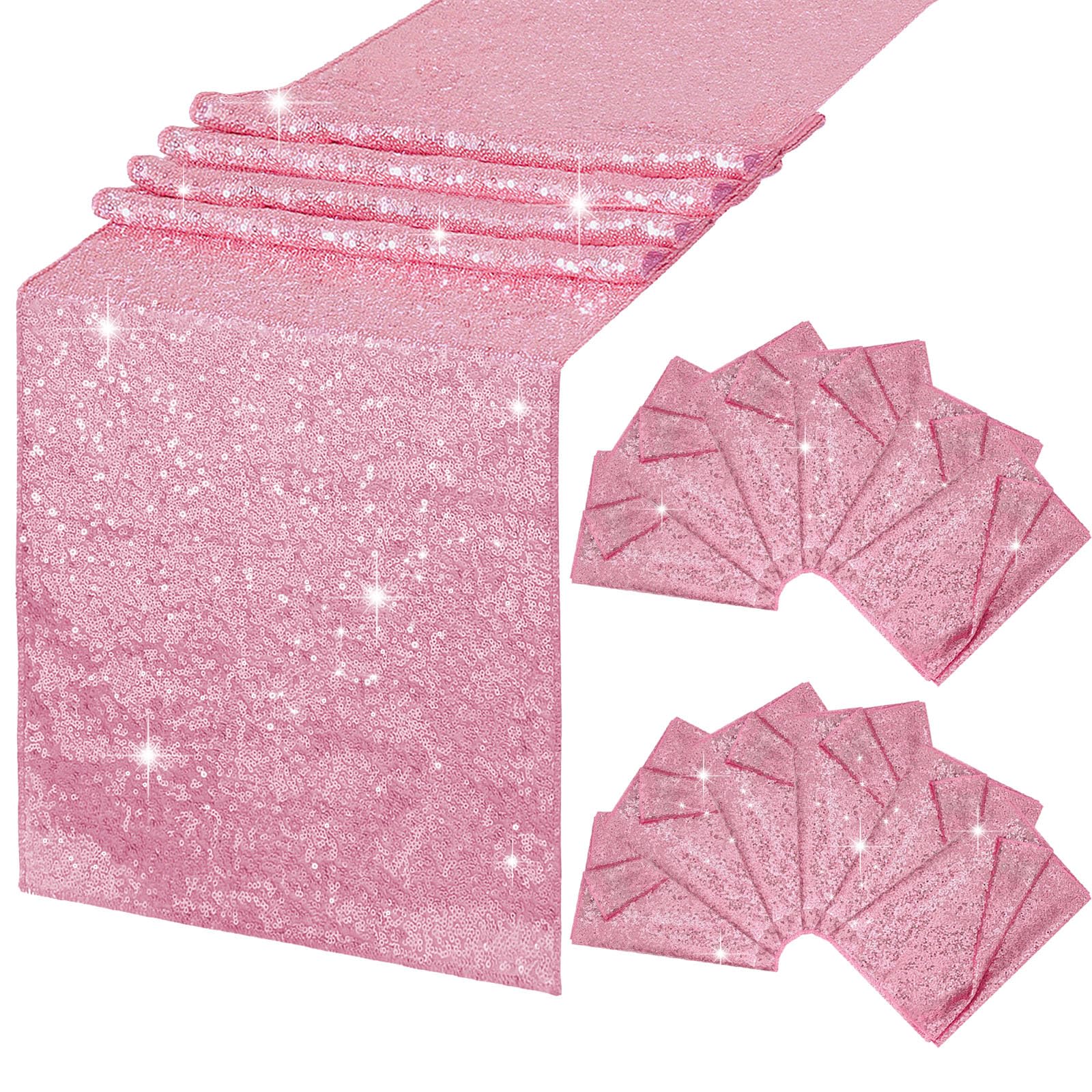 B-COOL 12Pcs 12x72 Inch Sequin Table Runners Fuchsia Pink Glitter Table Runner for Ceremony Table Holiday Reception Birthday Girl Table Runners Image