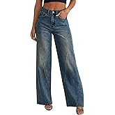 JOKELAMB Womens Wide Leg Jeans Mid High Waisted Baggy Straight Leg Stretchy Denim Pants Seamed Long Trousers, Dark Blue, XX-Large
