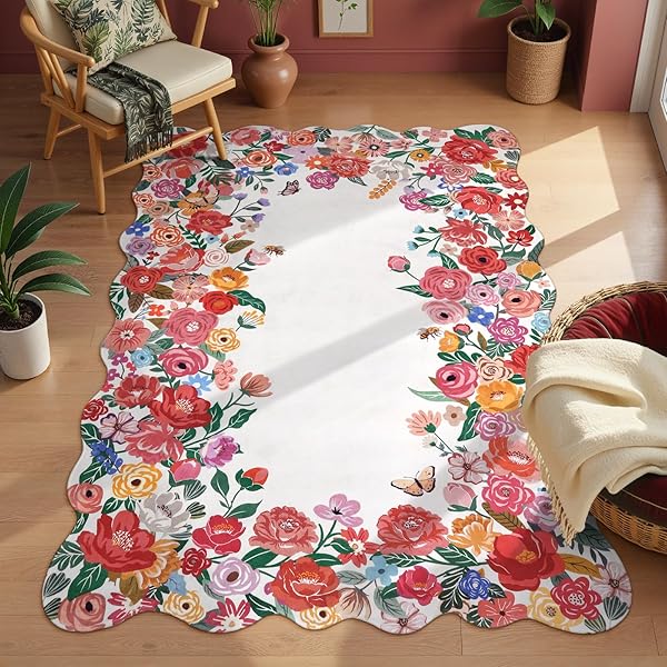 WONNITAR WASHABLE RED CAMELLIA FLORAL AREA RUGS 5X7,...