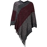 Cutecrop Women's Striped Poncho Tops with Fringe, Soft Knitted Shawl Wraps Elegant Sweater Open Front for Fall Winter