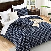 Andency Navy Grid Comforter Set Queen Size (90x90 Inch), 3 Pieces(1 Grid Comforter and 2 Pillowcases), Summer Lightweight Microfiber Down Alternative Navy Comforter with White Lines