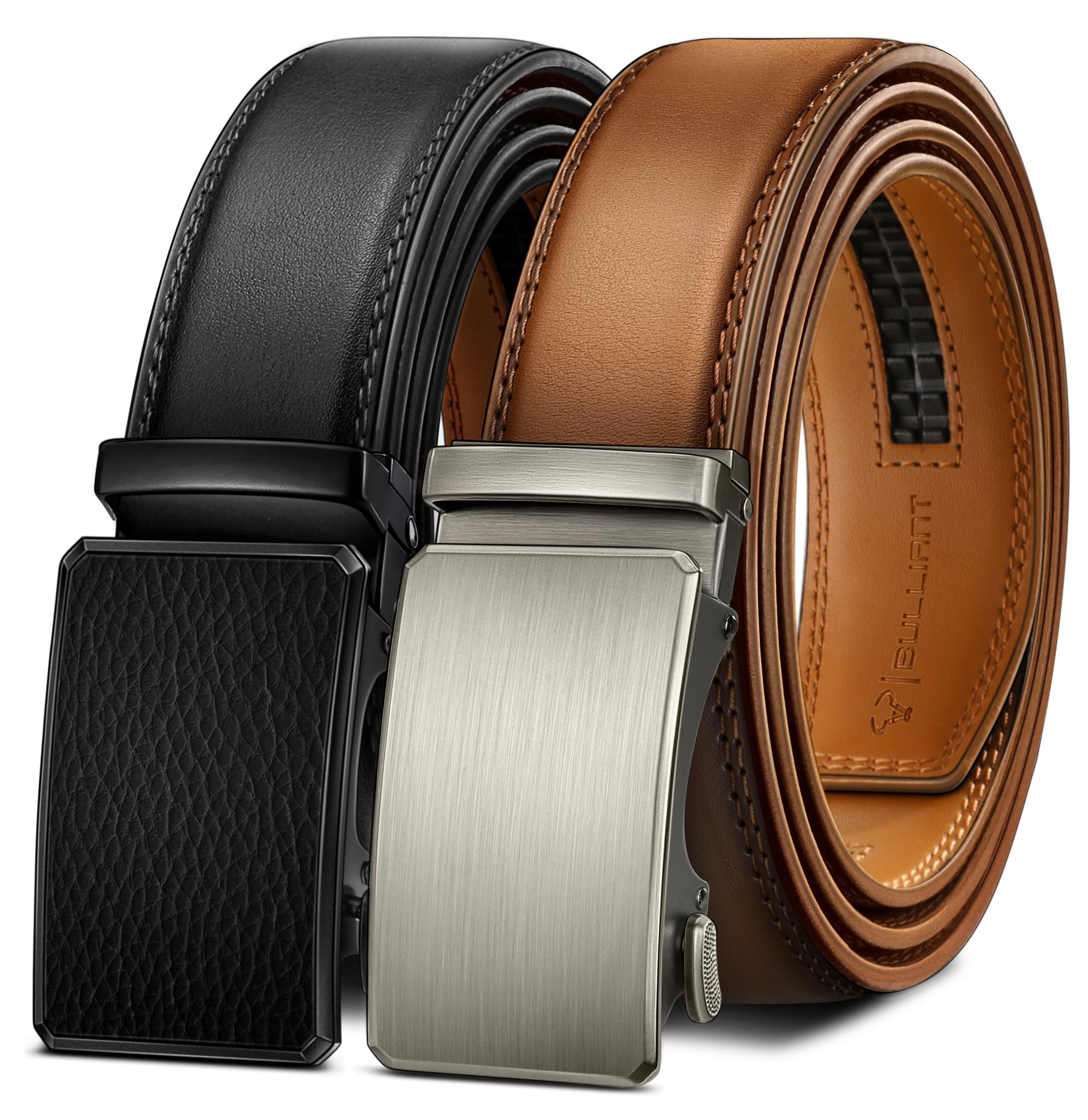 BULLIANT Men belt 2Pack,Leather Ratchet Belt for Gift Men Dress Casual Jeans 1 3/8",Cut for Fit(Black/Orange Brown,36"-42" Waist Adjustable) Image