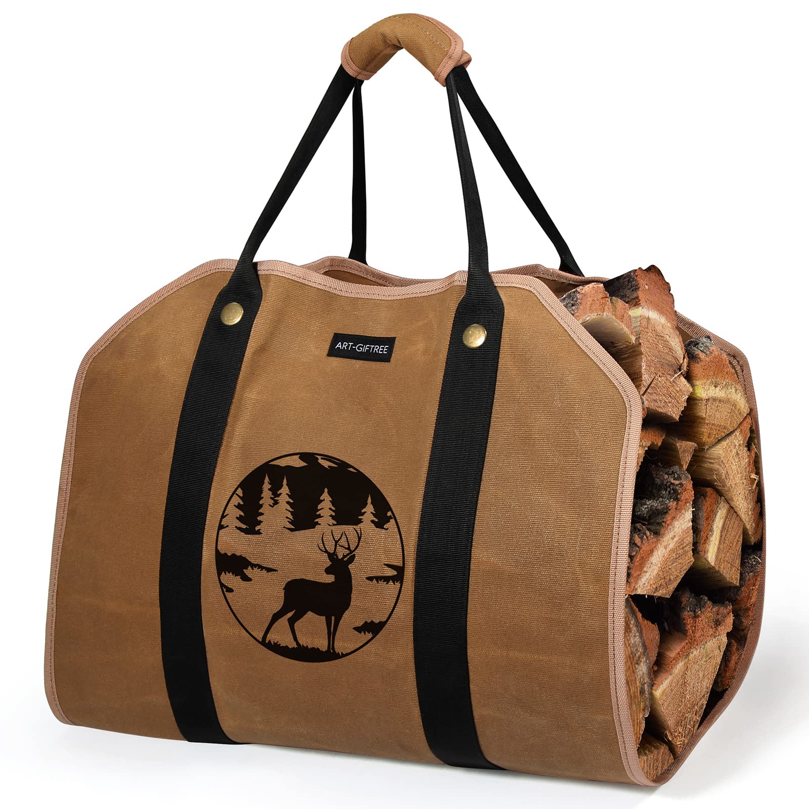 ART-GIFTREE Large Firewood Carrier Waxed Canvas Logs Carrier Tote Bag with Handles, 39 X 18 Heavy Duty Wood Holder for Fireplace - Reindeer