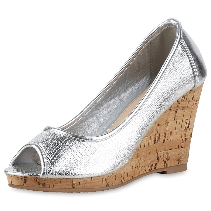 SCARPE VITA Damen Keilpumps Metallic Korkoptik Hochzeit Abiball