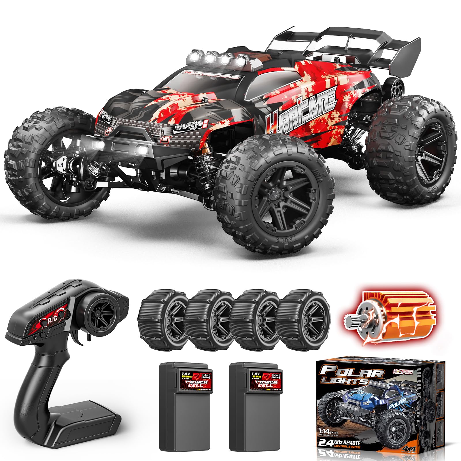 YESHIN 1:14 RC Cars for Adults, Max 40mph Electric Off-Road Monster Truck, Fast Waterproof High Speed RC Car 4WD Remote Control Car with 2*Battery, Red