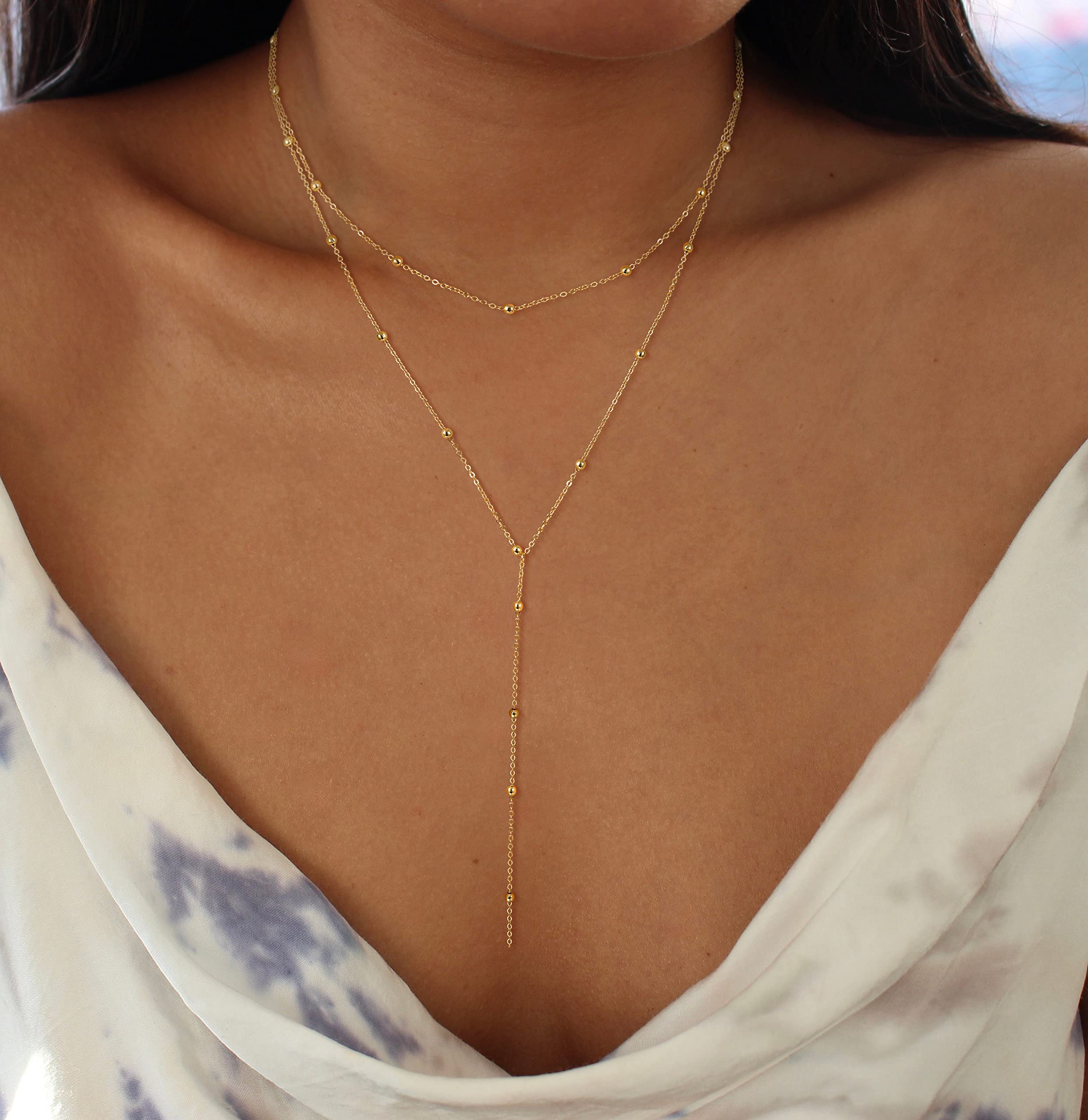 Foxgirl Lariat Gold Necklace for Women, Dainty Long Necklace 14k Gold Plated/Silver Y-Shaped Pendant Necklace Trendy Layered Cz Beaded Chain Drop Necklaces Simple Gold Jewelry For Women Gift