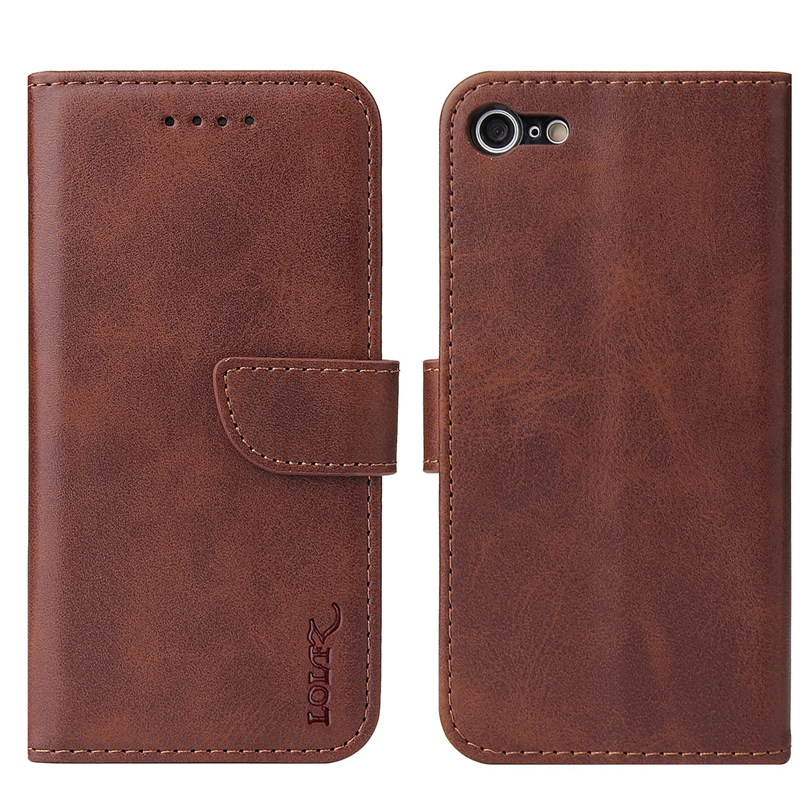 LOLFZ Wallet Case for iPhone 6/6S - Brown PU Leather & TPU Flip Case with Kickstand, Card Slots & Shockproof Inner Shell