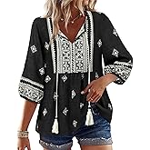 Vivilli Womens Summer Boho Babydoll Tops 3/4 Sleeve Pleated Peplum Blouses Casual V Neck Tie Front 2026 Tunic Tops