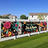 BlissYard Dia De Muertos Fence Banner Sugar Skull Decor 118 x 20 Inch | Sugar Skull Party Backdrop, Floral Fiesta Fence Decor, Dia de Muertos Party Display, Yard Wall