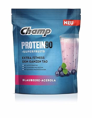 Champ Protein 90 Superfruits Eiweißpulver, Proteinpulver mit 80 % Eiweißgehalt und extra Koffein, Blaubeer-Acerola, 360 g