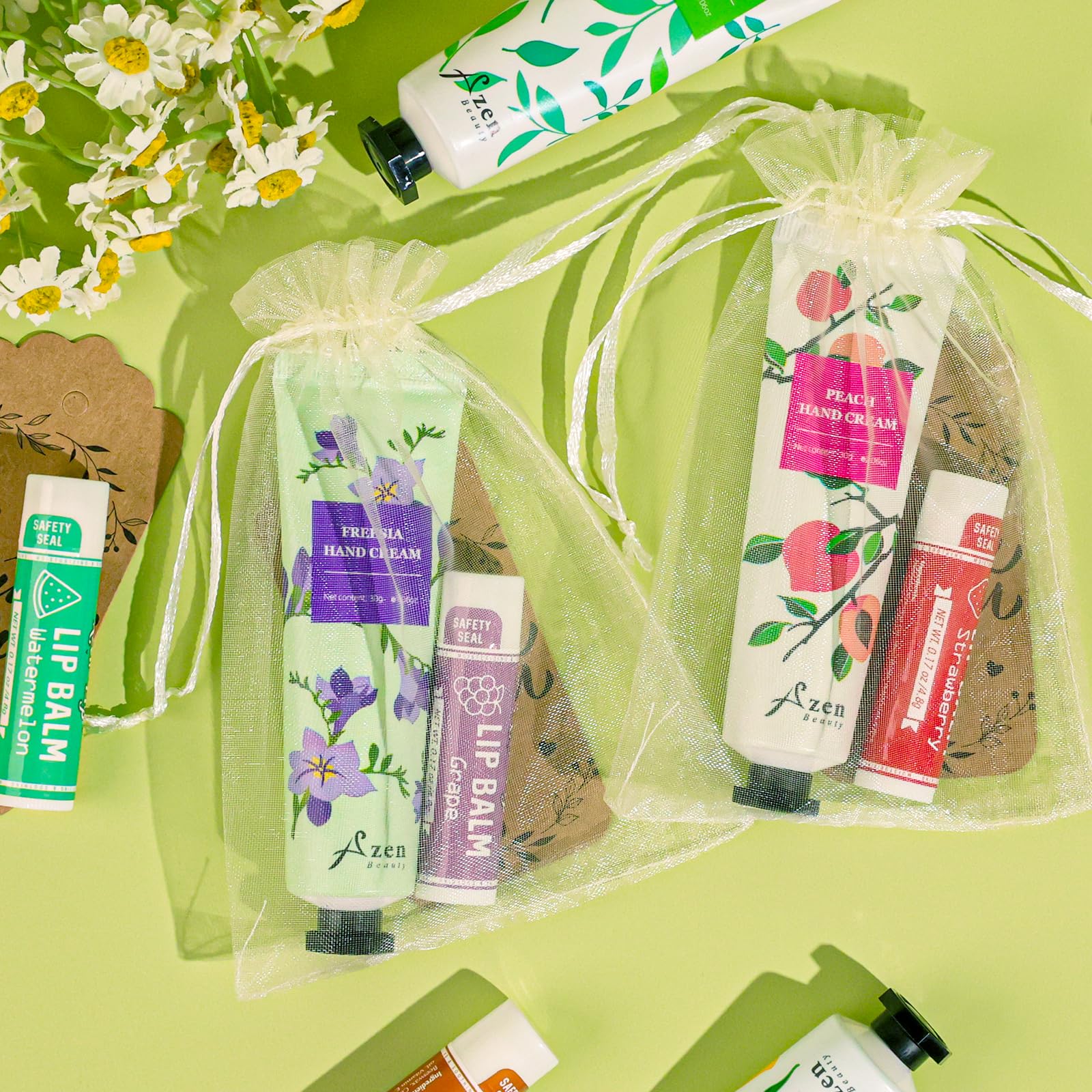 AZEN 30 Sets Bulk Gifts, Hand Cream and Lip Balm Bulk Set with Organza Bag Thank You Card, Baby Shower Wedding Gifts for Guests, Bridal Wedding Favors for Guests,Thank You Gifts for Women