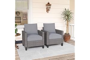 SUNSITT Patio Chairs Set of 2, All Weather Wicker Patio Sofa, Outdoor Seating Club Chair Porch Chairs Set with Grey Cushion for Balcony Porch Deck