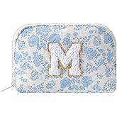 WHHJM Initial Dome Cosmetic Makeup Bag Small Cotton Quilted Makeup Pouch for Purse Cute Blue Floral Travel Toiletry Zipper Pouch (Blue Floral M)