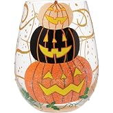 Enesco Lolita Hello Halloween Jack-o-Lanterns Hand-Painted Artisan Stemless Wine Glass, 20 Ounce, Multicolor