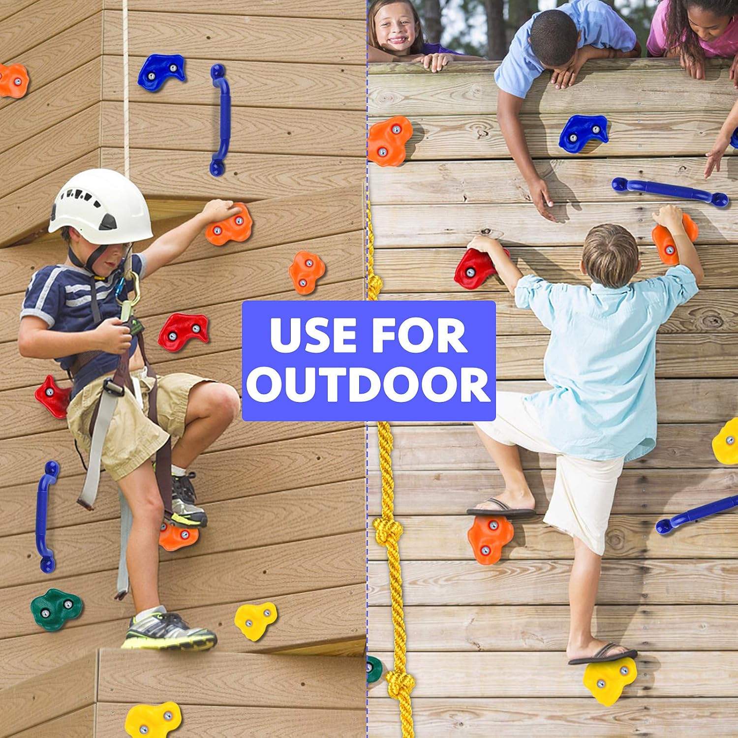 20 Rock Wall Climbing Holds for kids, with 8.53 Foot Climbing Knotted Rope and Handles Indoor and Outdoor Playground Play Set Slide Accessories with 2 Inch Mounting Hardware: Toys & Games