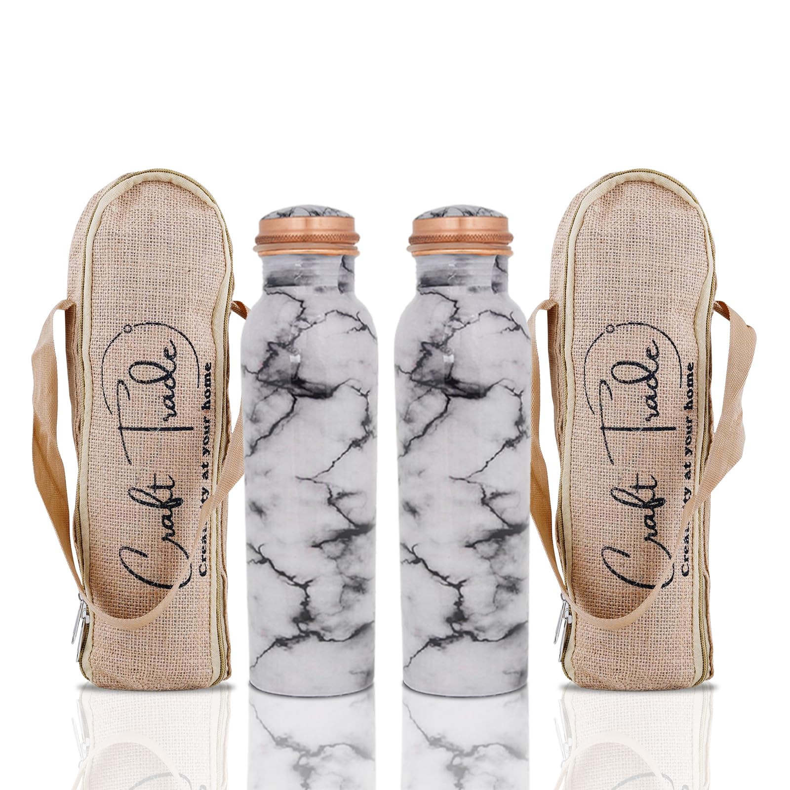 Craft Trade Pack of 2 Printed Copper Water Bottle Pure Copper Bottle with Lid and Carry Bag Leak Proof BPA Free Drinking Bottle for Sport Fitness and Yoga - 1 Litre White