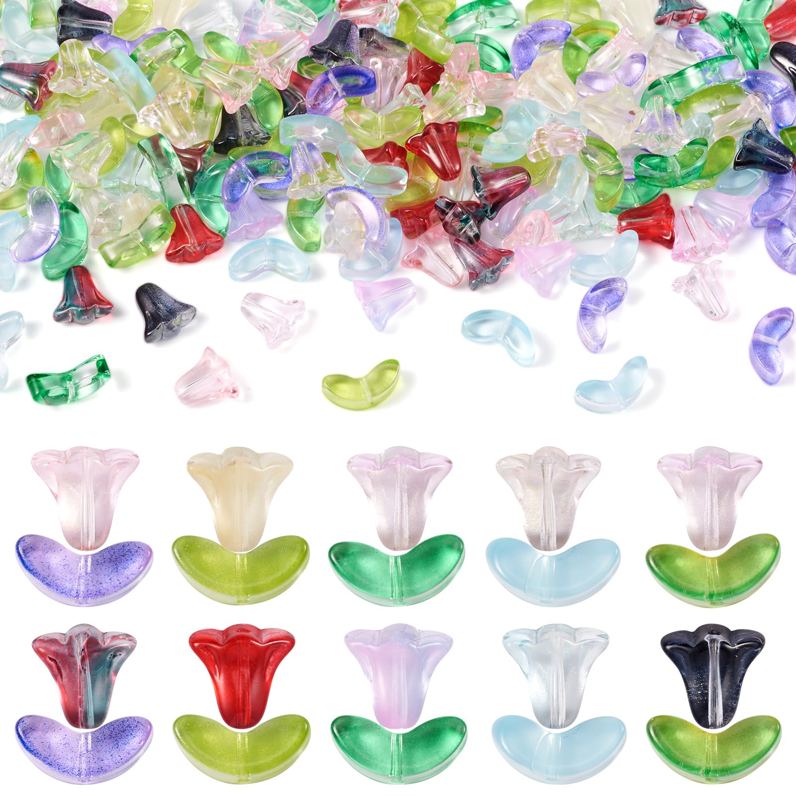 Boutigem 200Pcs Bell Orchid Flower Leaf Beads Lampwork Glass Handcraft Trumpet Flower Bead for DIY Necklace Bracelet Earring Jewelry Making