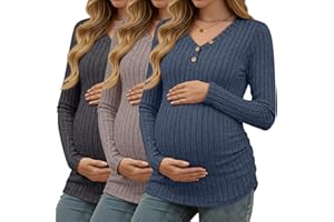 Oakgarden 3 Pack Women's V Neck Maternity Sweaters Long Sleeve Shirts Clothes Pregnancy Henley Tops Ribbed Side Ruched Tunic