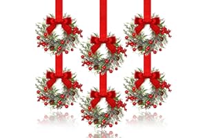 Dingion 6 Pcs 6" Christmas Mini Cabinet Wreaths for Kitchen with Ribbon Bows Red Berry Small Window Wreath for Window Door Farmhouse Christmas Party Decorations (Stylish Style)