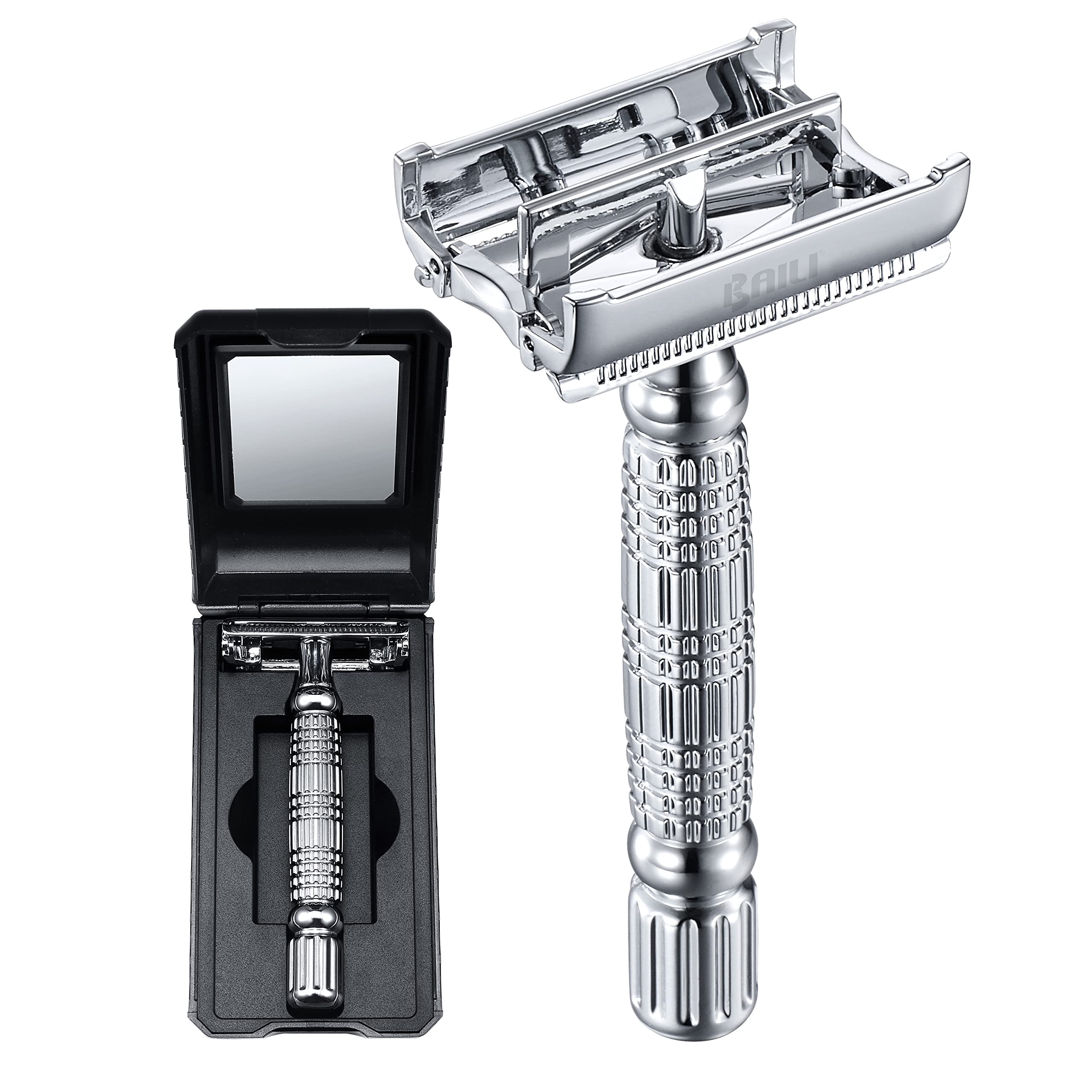 BAILI Butterfly Double Edge Safety Razor Rust-proof Reusable Manual Stainless DE Wet Shaving for Men Women with Mirrored Travel Case BD179C