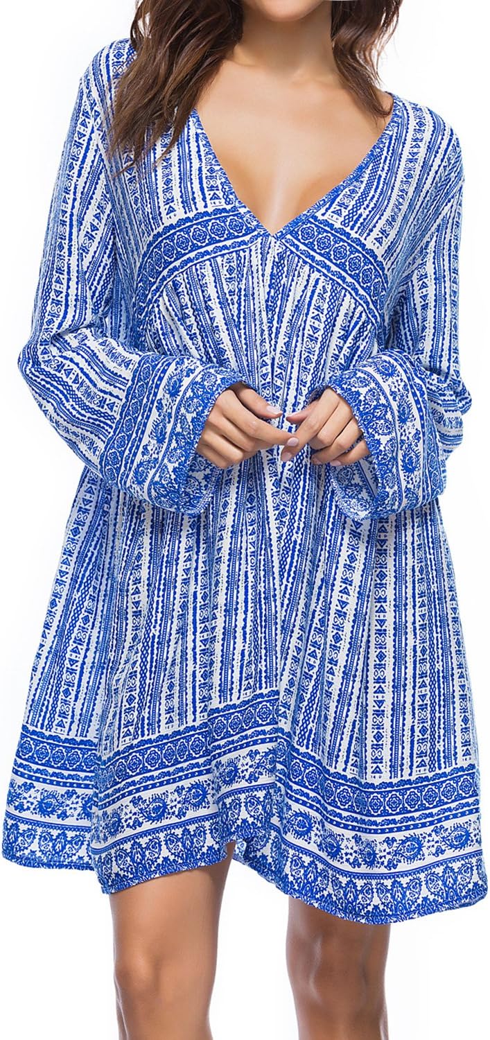 Women Boho Dress Floral Printed Deep V-Neck Summer Beach Bohemian Sundress Loose Short Mini Dress