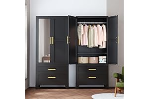Ckzbx 71" H Metal Armoire Wardrobe Closet with Mirror, Adjustable Shelve, Clothes Drying Pole, Steel Wardrobe Cabinet for Bedroom (Black 2 Drawers)
