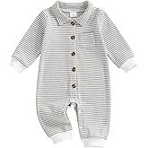 DNOMAID YZARC Baby Boy Stripe Romper Waffle Knit Long Sleeve Lapel Button Down Jumpsuit Bodysuit Newborn Fall Winter Outfits