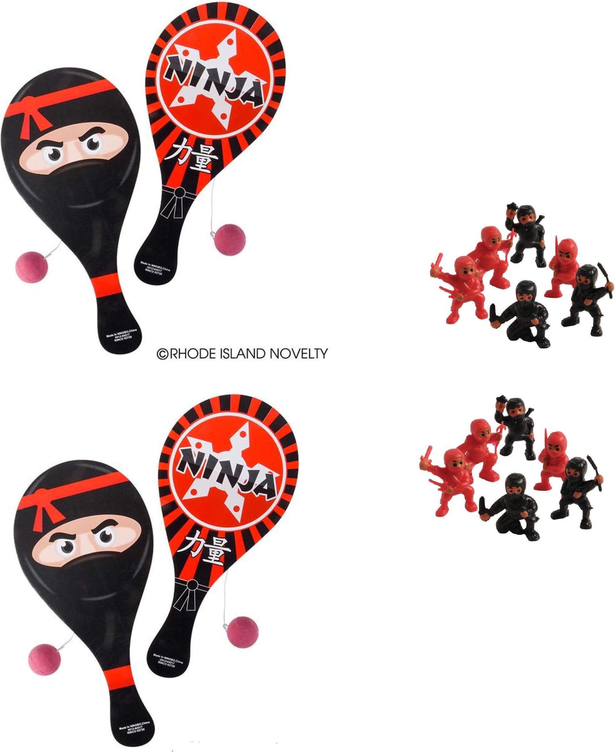 1 DZ (12) Awesome Ninja Paddleball Games & 1 DZ (12) MINI Plastic NINJA WARRIOR Figures 1.25" - Cupcake Toppers, Fun Ninja Party Favors Giveaways Stocking Stuffers