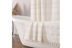 OVZME Natural Linen Shower Curtain for Bathroom, Boho Farmhouse Rustic Striped Shower Curtain with Tassel, Textured Heavy Duty Vintage Country Bathroom Curtain, 72Wx72L Inches