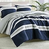 Finlonte Queen Comforter Set, Navy Blue Striped Luxurious Bedding Set, 100% Cotton Fluffy Cozy Comforter, Modern Minimalist Lightweight Quilted Comforter All Season, Navy Blue/Grey/White, 90"x90"