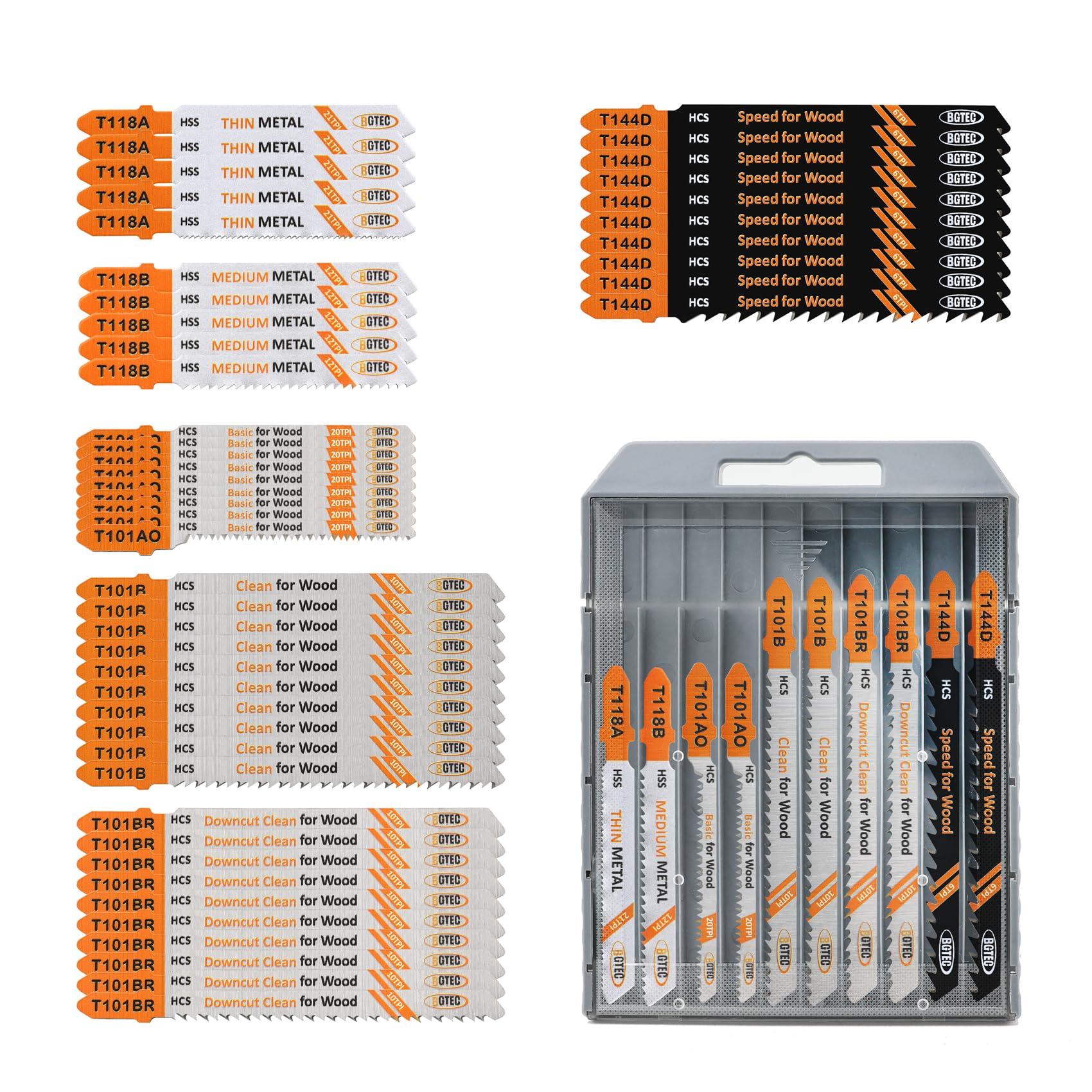 50PCS T Shank Jigsaw Blades Set - BGTEC HCS/HSS Jig Saw Blades for Wood, Plastic and Metal Cutting(T118A,T118B,T101AO,T101B,T101BR,T144D)