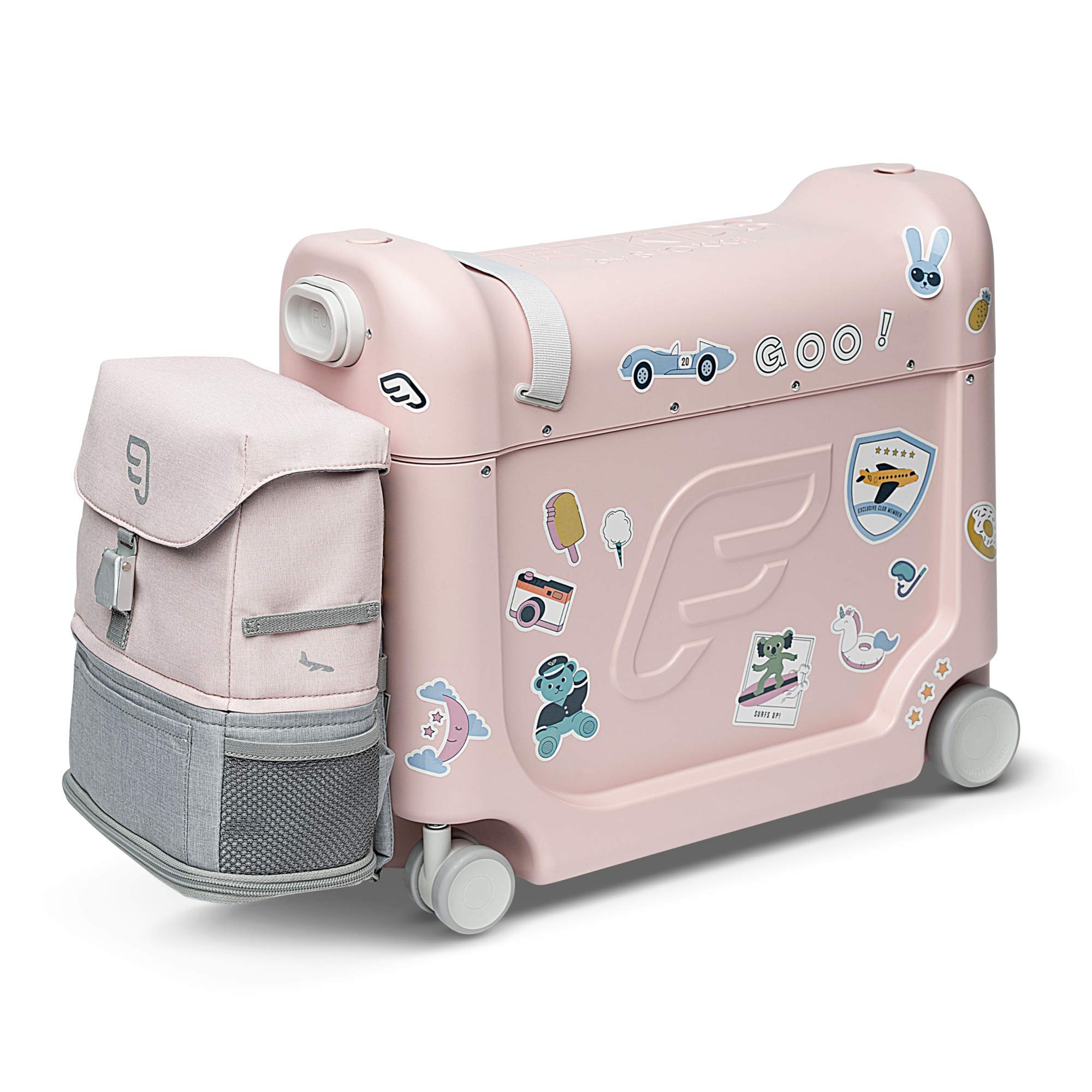 JetKids Stokke Travel Bundle, Pink - Includes BedBox Ride-On Suitcase & Backpack - Best for Kids 2-7 Years Old (Up to 77 lbs)