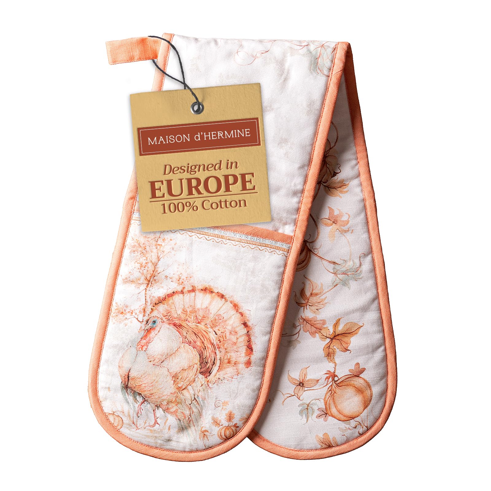 Maison d' Hermine Double Oven Mitt (18 cm x 89 cm) 100% Cotton Heat Resistant BBQ Cooking Gloves with Loop for Christmas Decorations Baking Cooking Barbeque Handling Hot Pan (Giving Thanks)