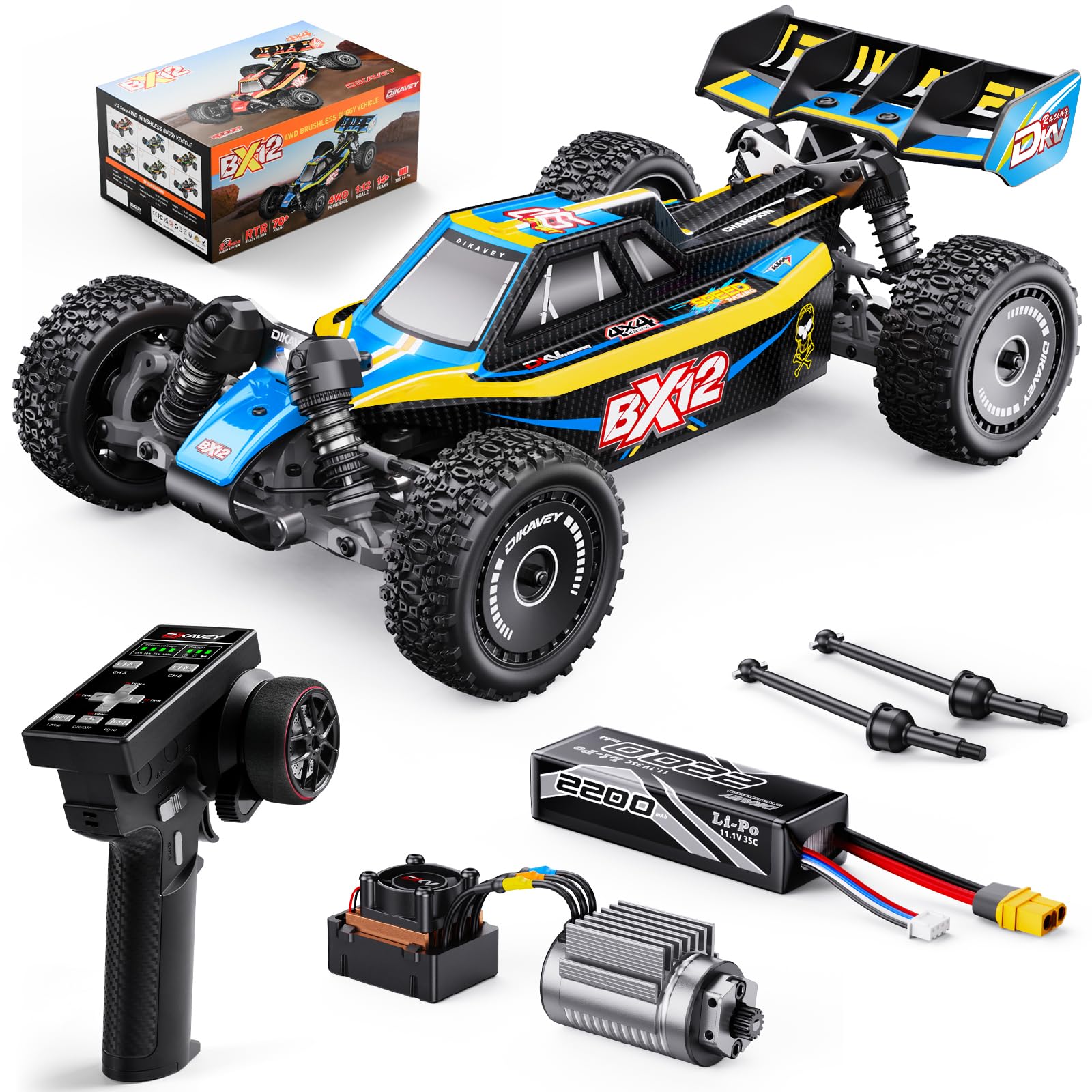 Photo 1 of 1/12 Brushless RC Cars for Adults,Remote Control Car for Fast Max 42 MPH 4X4 High Speed Racing RC Buggy with 3S 2200 mAh Battery,Fast Off-Road RC Truck, Suitable as Giftfor Beginner-blue yellow
